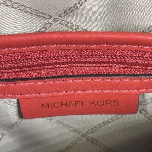 Rare Michael Kors Rhea Zip Backpack Signature Logo Red Snakeskin Suede Stripe - Picture 9 of 16